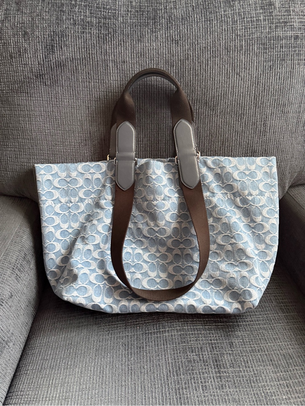 Coach Light Blue Signature Canvas Tote with Brown Straps